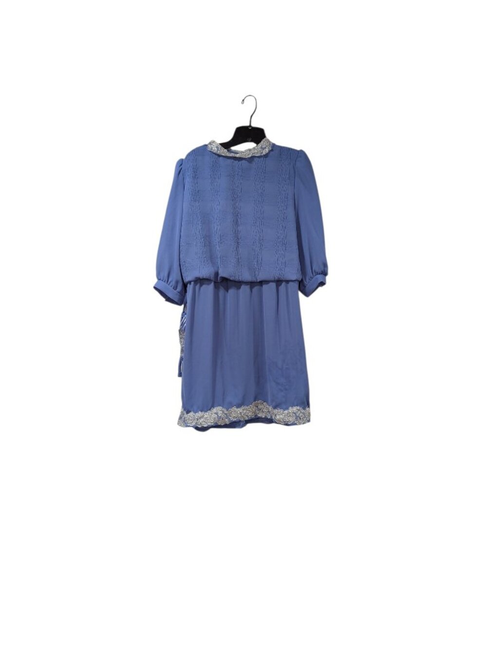 Lady Carol Vintage 1970's Blue Gathered Waist Lace Trim Midi Secretary Dress